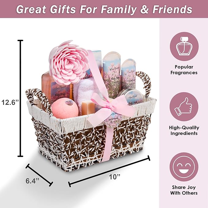 Spa Baskets For Women - Luxury Bath Set With Lilac & Rose Oil - Spa Kit Includes Wash, Bubble Bath, Lotion, Bath Salts, Body Scrub, Hand Cream, Shower Puff, Bathbombs, Soap and Towel - Bloomnest