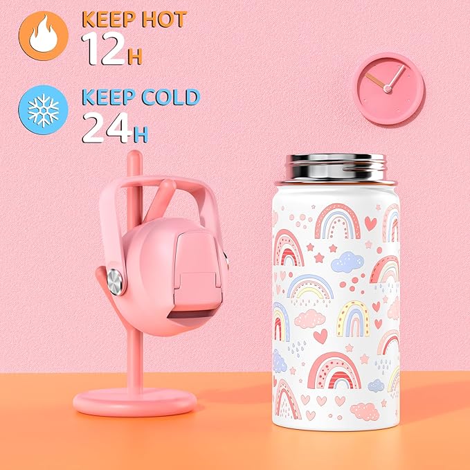 14oz Kids Insulated Water Bottle with Straw Lid - 18/8 Stainless Steel Kid Cup Travel Tumbler Double Wall Vacuum Leak Proof Portable Toddler Water Bottle (Rainbow) - Bloomnest