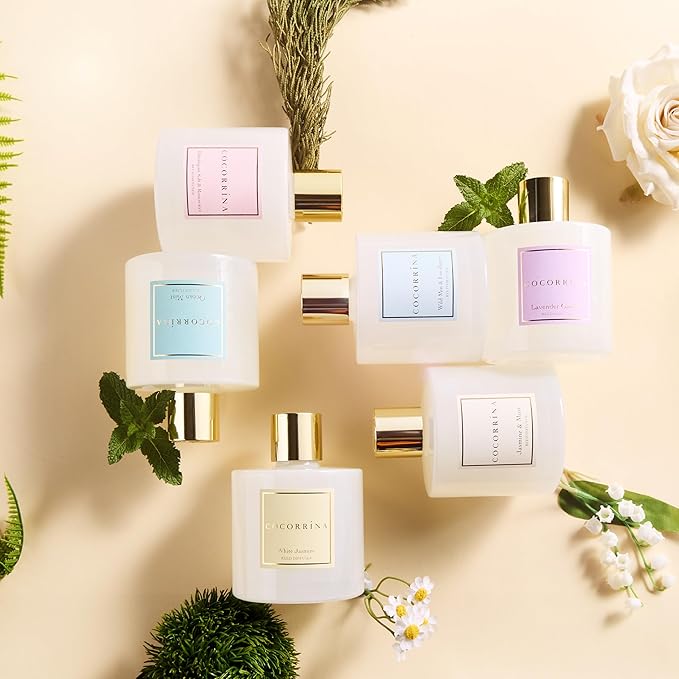 COCORRÍNA Reed Diffuser - Wild Mint & Eucalyptus 6.7 Fl.oz Reed Diffuser Set with Sticks & Preserved Baby's Breath, Reed Diffuser for Home Bathroom Shelf Decor - Bloomnest
