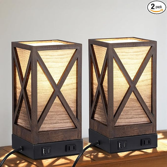 Table Lamp, Set of 2 Rustic Farmhouse Nightstand Lamps, 3 Color Temperatures Desk Lamp with USB Charging Ports AC Outlet Vintage Lamp for Living Room Bed Room, Brown Tiger Pattern - Bloomnest