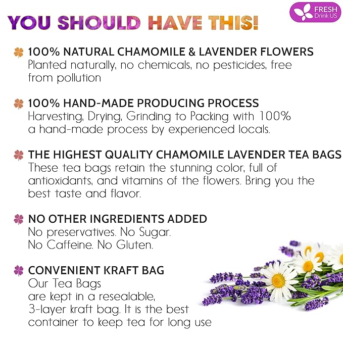 FreshDrinkUS, Premium 135 Chamomile Lavender Tea Bags, 100% Natural Herbal Ingredients, Hand-made Blend of Chamomile Lavender Flowers, Eco-conscious Tea Bags. No Sugar, No Caffeine, No Gluten, Vegan. - Bloomnest