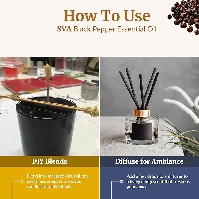 SVA Black Pepper Essential Oil – 4 Fl Oz – 100% Natural Black Pepper Oil - for Diffuser, Hair Care, Face, Skin Care, Aromatherapy, Scalp and Body Massage, Soap and Candle Making – with Dropper - Bloomnest
