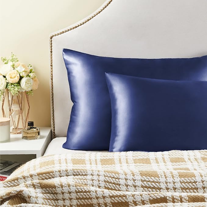 BEDELITE Satin Pillowcase for Hair and Skin, Super Soft and Cooling Similar to Silk Pillow Cases 2 Pack with Envelope Closure, Gift for Women Men(13"x18" Toddler Size, Navy) - Bloomnest