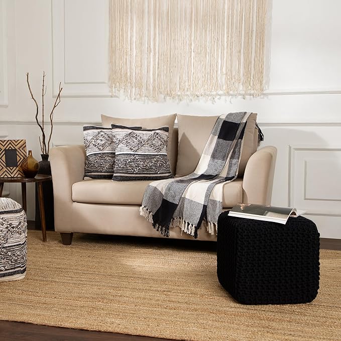 REDEARTH Cube Pouf Foot Stool Ottoman - Hand Knitted Poof - Cord Boho Pouffe - Home Décor - Stuffed Footrest for Living Room - Bedroom - Covered Patio (16" x 16" x 16") - Black - Bloomnest