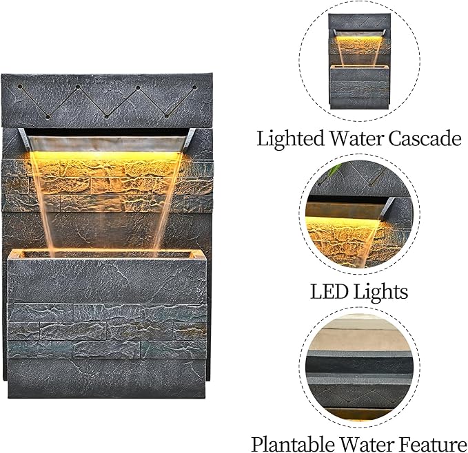 34.65'' Outdoor Garden Cascading Stone Floor-Standing Waterfall Fountain with LED Lights for Patio, Backyard, Deck, Porch and Home Art Decor