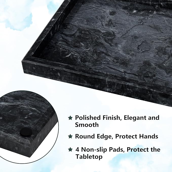 Real Natural Marble Tray for Bathroom, Vanity, Kitchen and Desktop, Rectangle Genuine Marble Stone Tray for Jewelry, Cosmetics, Candles, Lotion, Perfume and Home Decor Black