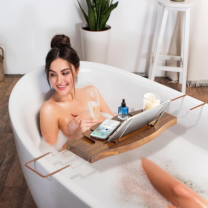 Teak Bathtub Tray Expandable Bathroom Tray for Home Spa Relaxation, Wooden Tray Caddy for Bathtub, Teak Bathtub Caddy as Unique Housewarming, Birthday, Wedding Shower Gifts. Light Walnut - Bloomnest