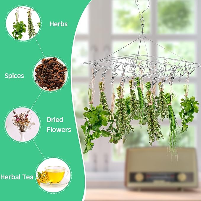 Bokon 4 Pcs Hanging Drying Rack for Herb Macrame Flower with Stainless Clip Dryer Hook for Drying Herb Air Plants Spices Flower Hydroponic Plant Ready to Use with Ceiling Hook(Square) - Bloomnest