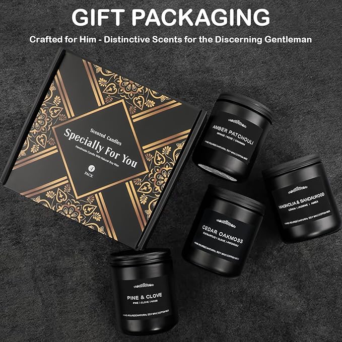 Scented Candle Set, Men Candle Set, Scented Candles for Home, Gifts for Men, 28 oz 200 Hour Burn Time,4 Pack Manly Gifts Soy Candles of Cedar Oakmoss/Pine&Clove/Patchouli/Sandal Wood - Bloomnest