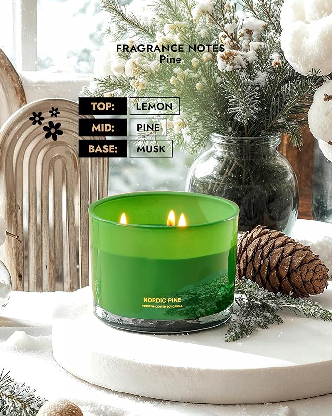 96NORTH Luxury Pine Soy Candle | Large 3 Wick Jar Candle | Up to 40 Hours Burning Time | 100% Natural Soy Wax | Relaxing Aromatherapy Aesthetic Candle - Bloomnest