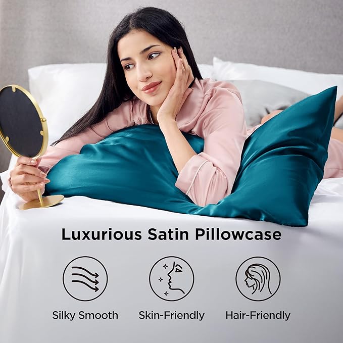 Bedsure Satin Pillowcase 2 Pack Similar to Silk Pillow Cases Standard Size, Pillow Case for Sleeping Women with Envelope Closure, Gifts for Women Men, Teal, 20x26 Inches, 2pcs - Bloomnest