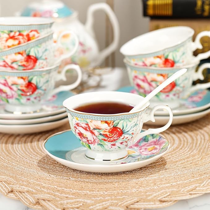 fanquare 21-Piece Green and Floral Porcelain Tea Set, Vintage Ceramic Tea Cup and Saucer Set for 6, Teapot Set for Women Party - Bloomnest