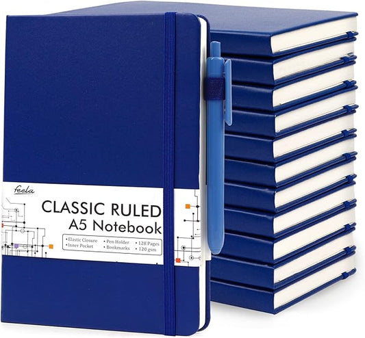 12 Pack Notebooks Journals Bulk with 12 Black Pens, Feela A5 Hardcover Notebook Classic Ruled Journal Set with Pen Holder for School Business Work Travel Writing, 120 GSM, 5.1”x8.3”, Navy - Bloomnest