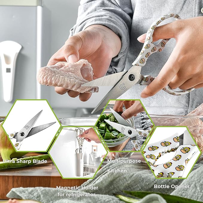 Linoroso Kitchen Scissors Heavy Duty Kitchen Shears with Magnetic Holder Made with Japanese Steel 4034, Multipurpose Ultra Sharp Cooking Scissors for Meat/Vegetables/BBQ/Herbs/Pizza (Graphic,Chick) - Bloomnest