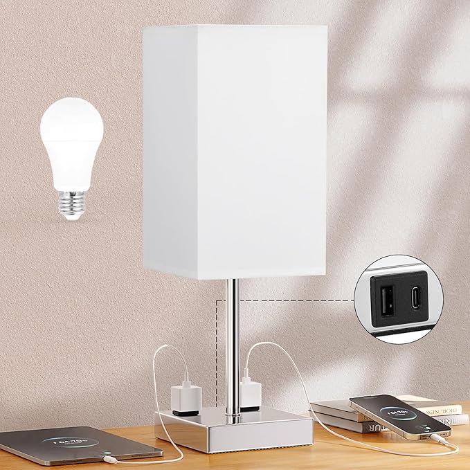 Touch Bedside Table Lamp For Nightstand - 3-Way Dimmable Night Lamp with USB A + Type C Charging Ports and two AC Outlets, Small Desk Light with E26 LED Bulb for Bedroom Living Room, WHITE PLUS - Bloomnest