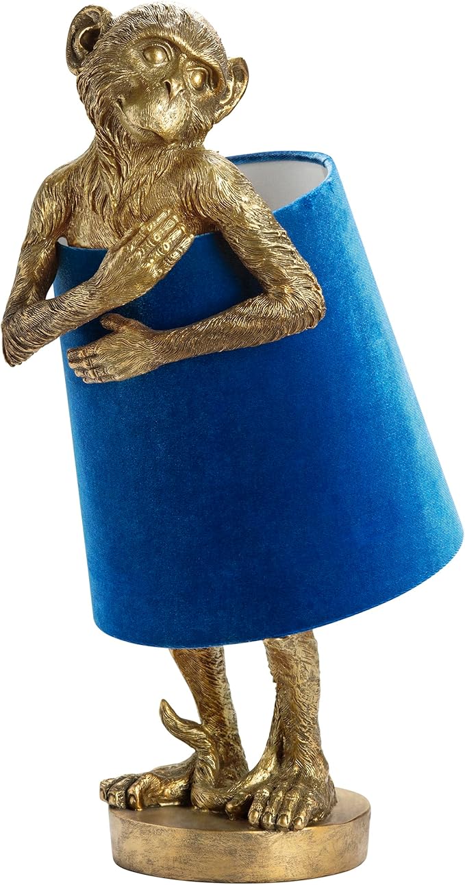 Crestview Collection Monkey Table Lamp – Gold Resin Animal Lamp, Retro Rustic Art Deco Farmhouse Desk Lamp with Blue Velvet Shade for Bedroom, Living Room, Bedside, Nightstand or Small Space - Bloomnest