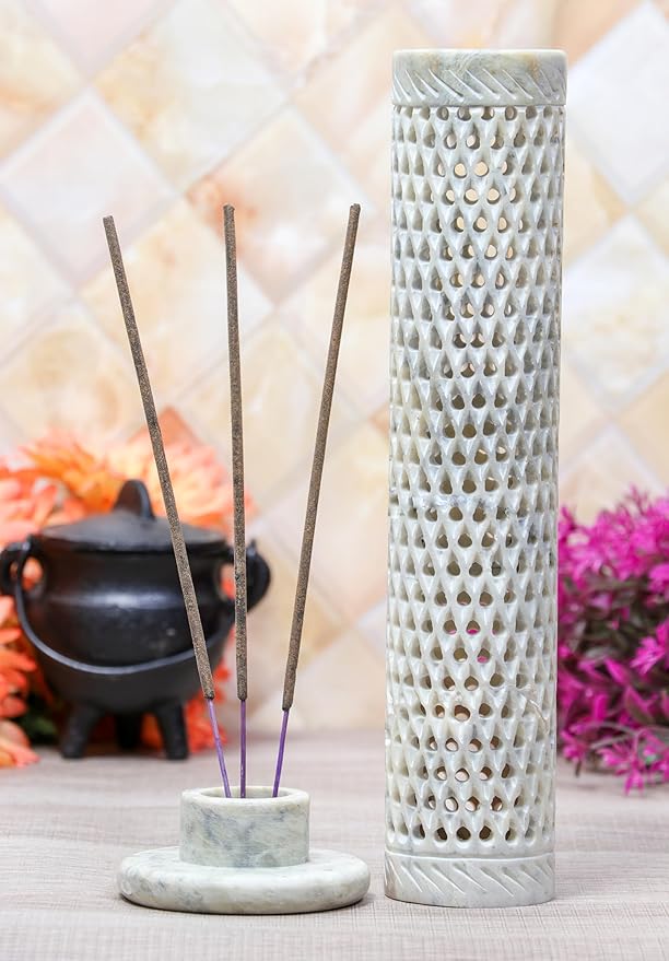 Crocon Handmade Blue Marble Soapstone Incense Stick Round Shape Elephant & Leaf Design Tower Burner | Tea Light Candle Holder | Decorative Home & Kitchen Best Gift Size - (2.7x2.7x10 Inch)
