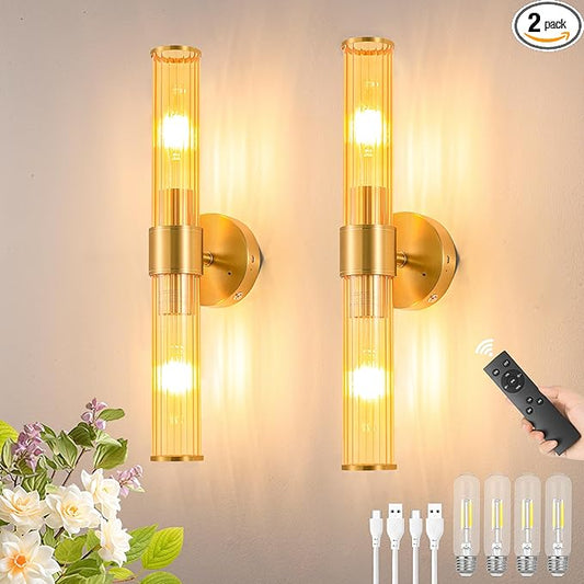 Gold Battery Operated Wall Sconces Set of 2, Rechargeable Wall Lights with Remote Control, 20 Inch Modern Wireless Wall Lamp for Bedroom, Living Room with Amber Shade (Bulbs Included) - Bloomnest