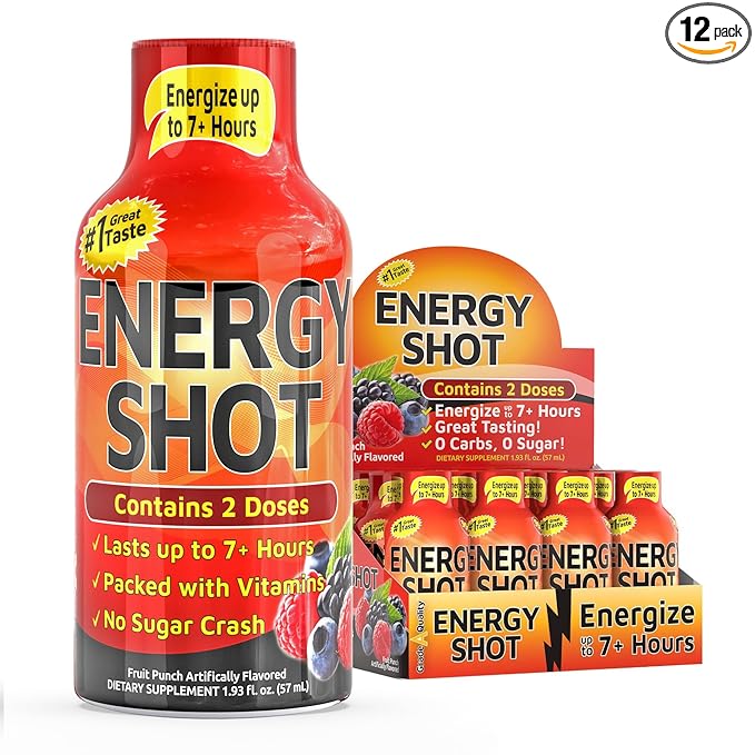 Fruit Punch Extra Strength Energy Shot 12 pk – 260mg Natural Caffeine B12 B6 – Energy & Focus Support – 2 Servings Sugar Free Zero Calorie Green Tea B-Vitamins Electrolytes Vegan – 1.93 fl oz - Bloomnest