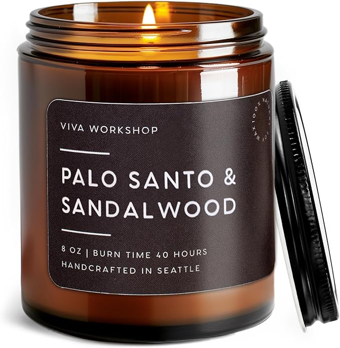 Palo Santo & Sandalwood Natural Soy Wax Scented Candle – Crafted in USA, Seattle – Gift for Birthday, Meditation, Home, Spa – Aroma Candle for Relaxing – Aromatherapy Scented Candles for Women & Men VivaWorkshop