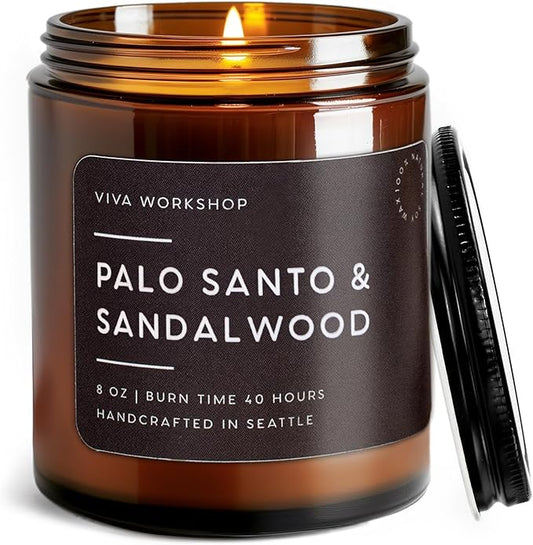 Palo Santo & Sandalwood Natural Soy Wax Scented Candle – Crafted in USA, Seattle – Gift for Birthday, Meditation, Home, Spa – Aroma Candle for Relaxing – Aromatherapy Scented Candles for Women & Men VivaWorkshop