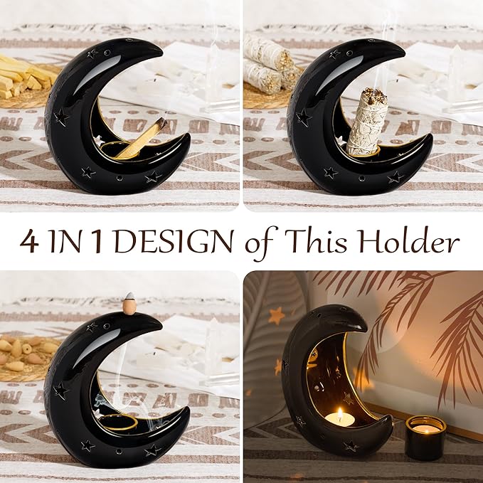 ZenBless Moon Versatile Ceramic Backflow Incense Holder and Burner Waterfall,for Burning Sage, Palo Santo, Backflow Cone and Candle,Aromatherapy Ornament Home Room Decor,the Ideal Present (Black) ZenBless