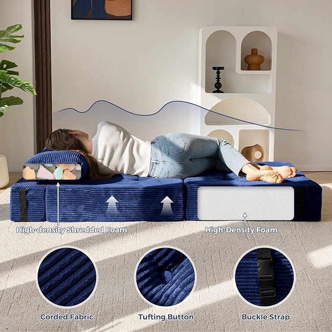 MAXYOYO Folding Sofa Bed, Convertible Chair Bed with High-Density Support Foam, Portable 4 in 1 Fold Out Seating to Floor Lounger, Versatile Floor Sofa Couch for Living Room Bedroom, Navy - Bloomnest