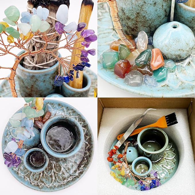 5 in 1 Incense Burner Holder with Crystal Healing Tree, Palo Santo Holder, Sage Holder, Incense Holder for Sticks/Cones/Candles, Ceramic Tray Ash Catcher for Burning Incense, Meditation Gift - Bloomnest