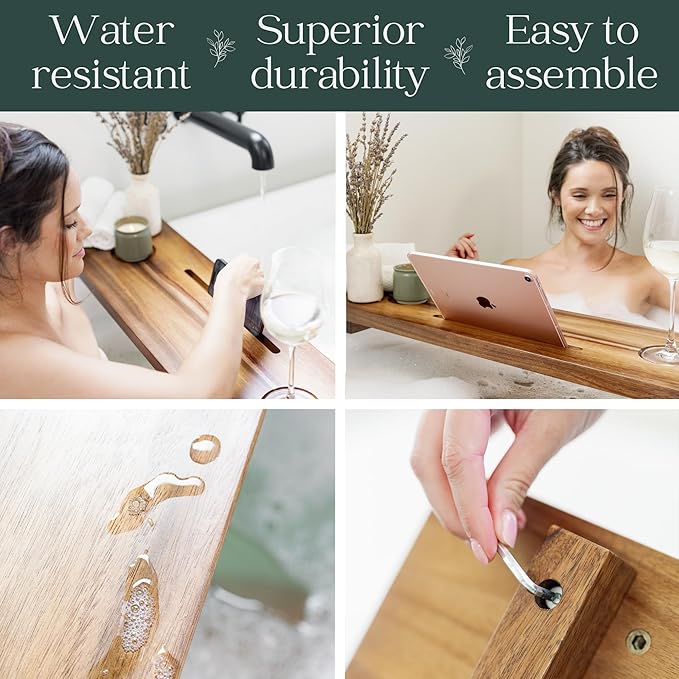 Premium Nature Shed Bathtub Tray for Freestanding Bath | Large & Thick 35” Acacia Wood Luxury Bath Tray for Tub | Anti-Tip, Non-Toxic, Adjustable Bathtub Trays for Tub with Bathroom Accessories Holder - Bloomnest