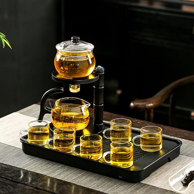Glass Teapot Set with Infuser Semi Automatic Tea Set Magic Teapot (Bamboo - black) - Bloomnest