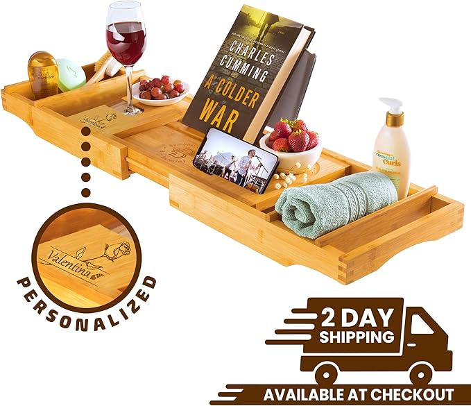 Personalized Bathtub Tray - Engraved Foldable Bamboo Bath Caddy, Tub Tray with Expandable Sides, Luxury Wooden Bath Table for Relaxation Spa - Customized Gift for Mom, Wife, New Home - Bloomnest