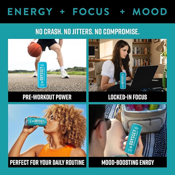 Odyssey Functional Energy Drink for Focus, Cognition & Mood Support 12 Pack - Adaptogenic Drink with 85mg Green Tea Caffeine, Lion’s Mane, Cordyceps, L-Theanine & Ginseng, Sparkling Tropical - Bloomnest