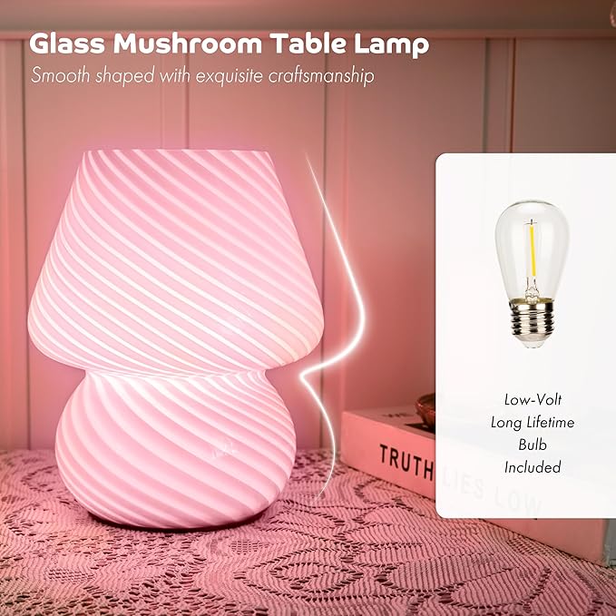 Battery Operated Mushroom Lamp-Cute Small Pink Aesthetic Table Lamp with Timer,Cordless Bedside Lamp for Girl Gifts,Glass Decorative Lamp for Bedroom/Entryway/Shelf/Desk Decor/Dorm/Office - Bloomnest