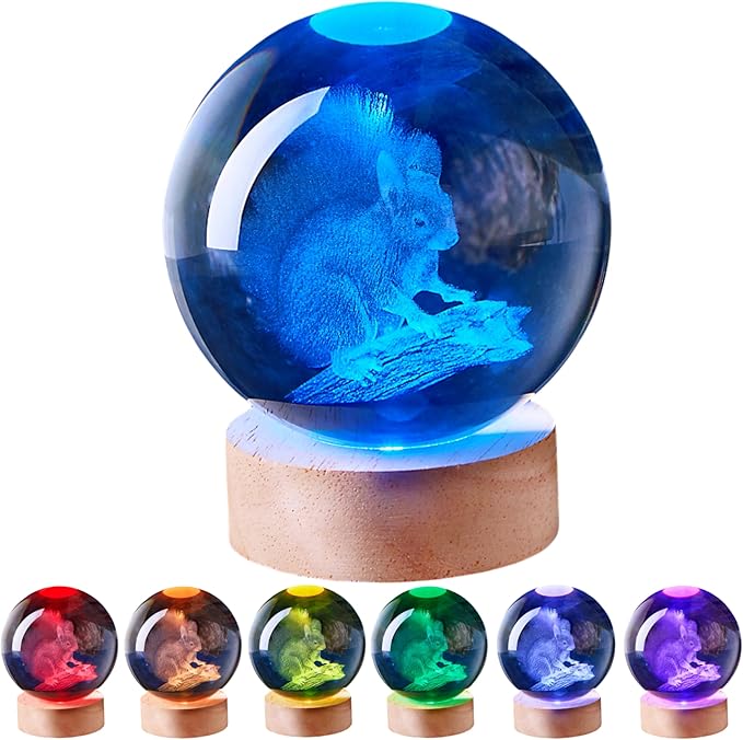 3D Large Squirrel Crystal Ball Night Light with Wooden Base, Crystal Lamp Gift for Kids Friends, 16 Color Changing with Remote Control, Laser Engraved 3.15 inch Glass Ball Lamp (Squirrel) - Bloomnest