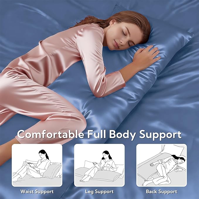 MR&HM Satin Body Pillow Cover, Soft and Breathable Body Pillow Case with Envelope Closure, Cooling and Silky Long Pillowcase for Hair and Skin,Grey (20x54, Sky Blue) - Bloomnest