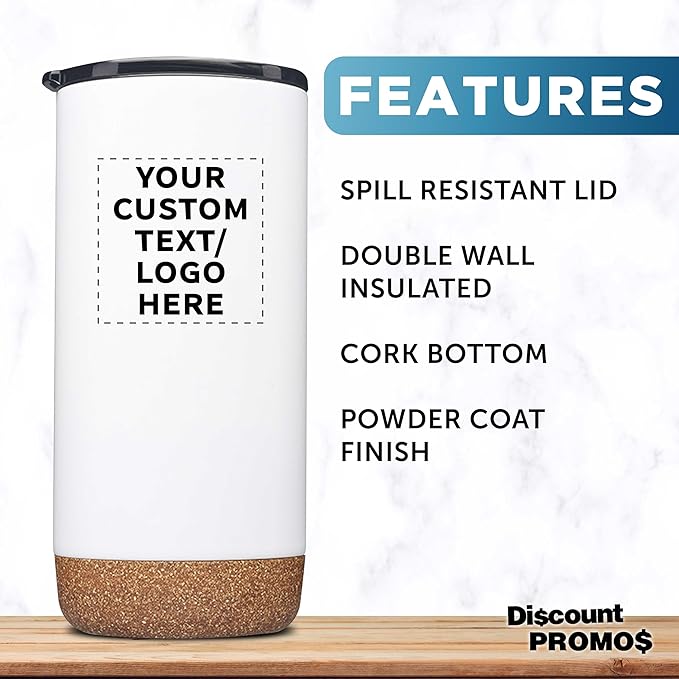 DISCOUNT PROMOS Custom Tumblers Cork Bottom 16 oz Set of 10/50/100 Personalized Bulk Pack Double Wall Insulated Matte Finish Iced Coffee Soda - White - Bloomnest