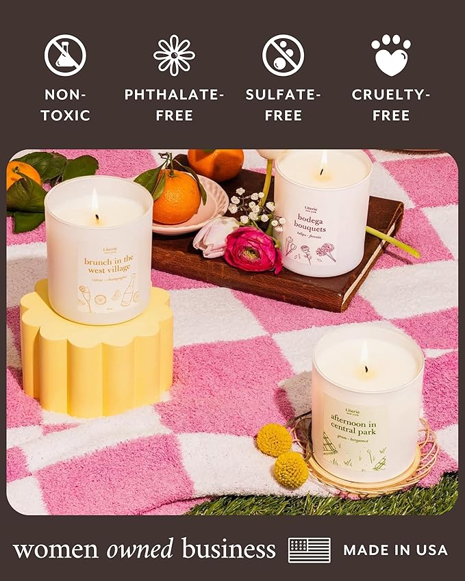 Literie NYC Inspired Scented Candle: Late Fees at The Library - Paper & Linen Scent, 9oz, 50 Hour Burn, Vegan Soy & Coconut Blend Candle for Home Decor, Gift for Women & Men - Bloomnest
