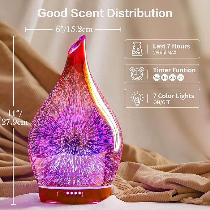 Porseme 280ml Essential Oil Diffuser 3D Hand-Blown Glass Aroma Diffusor, Aromatherapy Unltrasonic Cool Mist deffuser, 7 Color Changing Humidifier, Waterless Shut-Off, Timer Function for Home Office Porseme