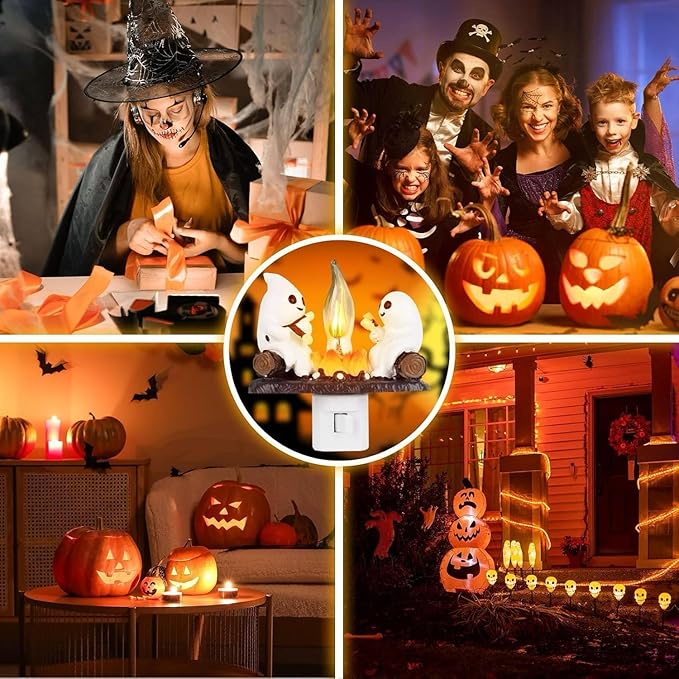 Ghost Campfire Night Light, White Plastic, LED Flickering Flame Effect, Indoor Decorative Wall Plug-in, Spooky Decor for Kids Bedroom - Bloomnest