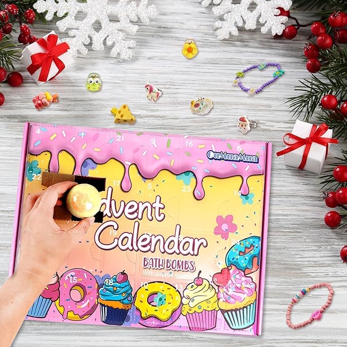 Bath Bombs Advent Calendar 2025 Kids with Surprise Toys Inside 24 Days of Christmas Countdown Calendar Donut Cupcake Bath Bombs Set Birthday Christmas Gifts for Kids Girls - Bloomnest