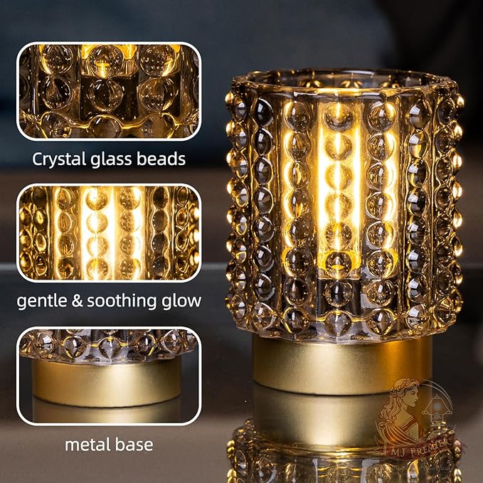 Battery Operated Lamp with Timer, Mini Crystal Table Lamps for Home Decor, Small Cordless Lamp for Areas No Outlets, Glass Battery Powered Lamps for Entryway, Bedroom, Bathroom, Shelf, Corner(Gray) - Bloomnest