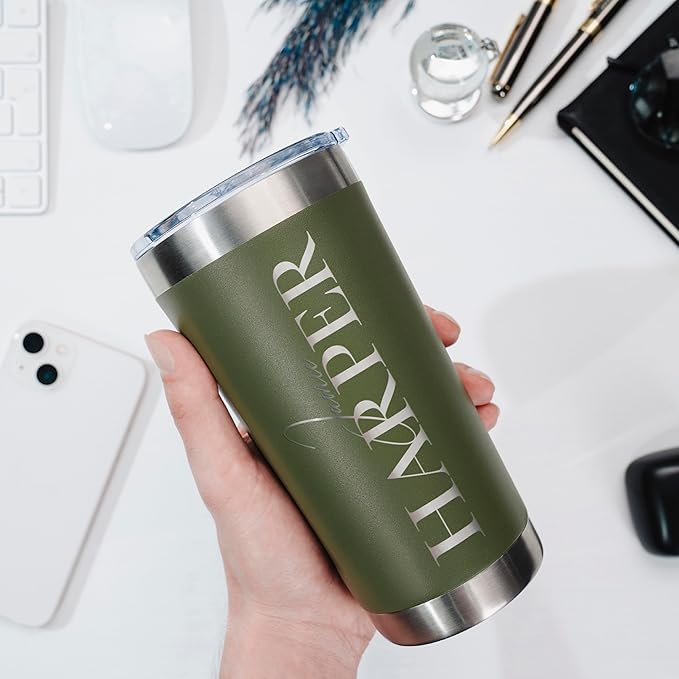 Be Burgundy Personalized Tumbler with Engraved Name - 12 Designs, 30 Oz Coffee Tumbler with Slider Lid, Army Green, Double Wall Insulated - Gift for Men, Husband, Personalized Gift for Him - Bloomnest