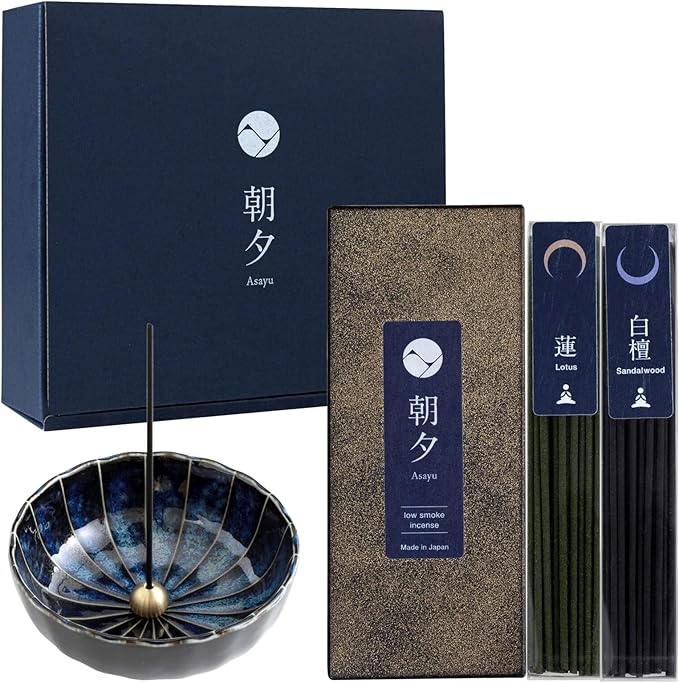 Asayu Japan Low Smoke Incense Gift Set with Incense Holder and Brass Stand, Premium Yoga Set (Lotus & Sandalwood) Incense Sticks with Navy Blue Lotus Holder - Bloomnest