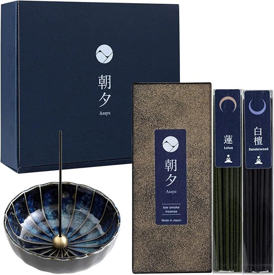 Asayu Japan Low Smoke Incense Gift Set with Incense Holder and Brass Stand, Premium Yoga Set (Lotus & Sandalwood) Incense Sticks with Navy Blue Lotus Holder - Bloomnest