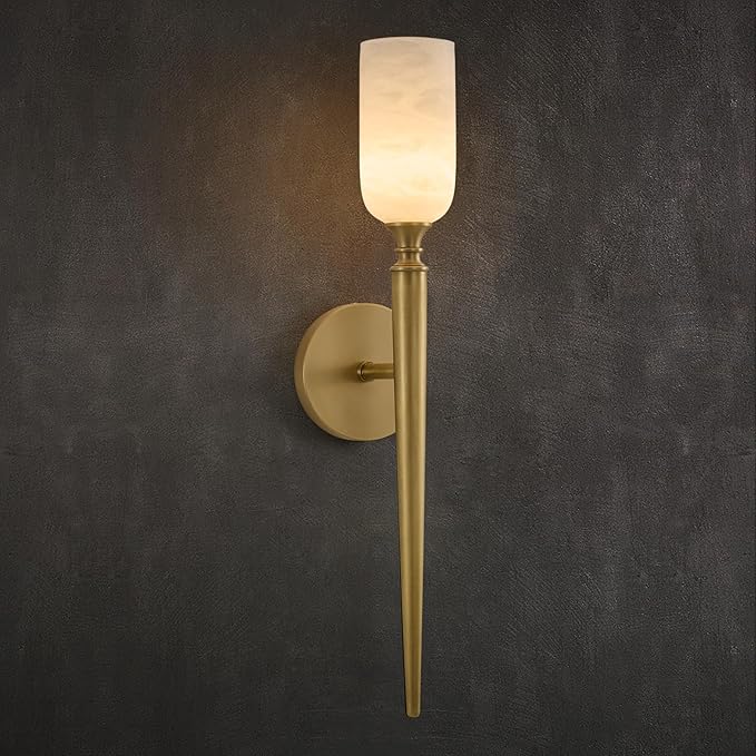 Vintage Alabaster Brass Wall Sconce: Antique Spanish Natural Marble Modern Vanity Wall Lights - 21.6" Long Linear Brushed Gold Sconces - Indoor Sconce for Hallway Bedroom Living Room Bathroom Stair - Bloomnest