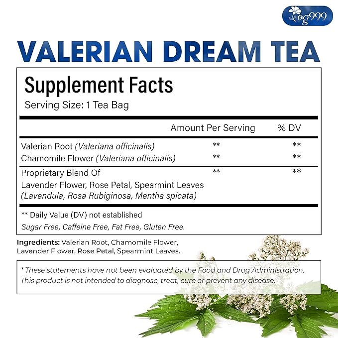 TOG999, Premium Valerian Dream Tea Bags | 60 Count | Herbal Blend with Valerian Root, Chamomile, Lavender, Rose Petal & Spearmint | Naturally Caffeine-Free, Relaxing Evening Tea. Vegan. - Bloomnest