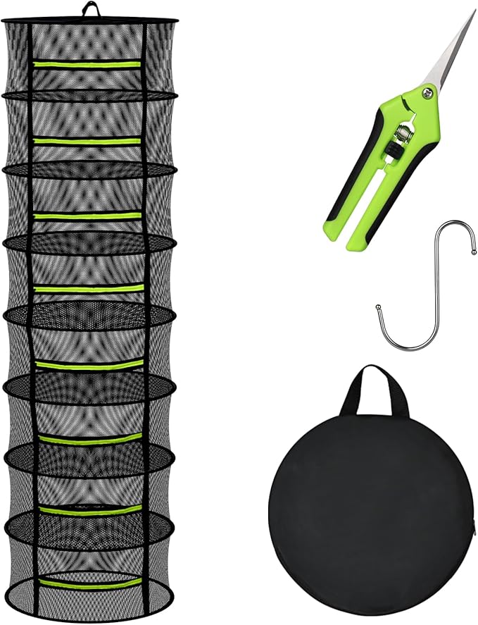 8 Layer Large Capacity Herb Drying Rack, Collapsible Hanging Mesh Net with Green Zipper, Hooks & Bonus Garden Scissors, Bulk Drying for Fresh Herbs, Flowers & Plants – Indoor Outdoor (23.62") - Bloomnest