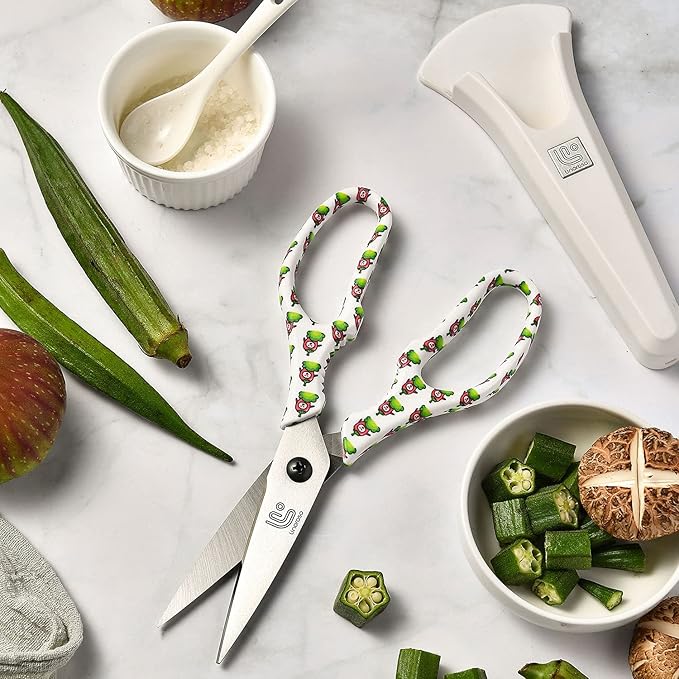 Linoroso Kitchen Scissors Heavy Duty Kitchen Shears with Magnetic Holder Made with Japanese Steel 4034, Multipurpose Ultra Sharp Cooking Scissors for Meat/Vegetables/BBQ/Herbs/Pizza (Graphic,Chili) - Bloomnest