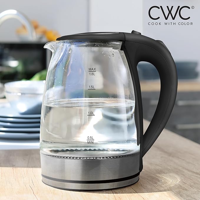 COOK WITH COLOR Electric Tea Kettle, 1.8L Cordless Hot Water Boiler, 1200W Rapid Boil, Auto Shutoff & Boil Dry Protection, BPA-Free, Sleek Countertop Design, Black - Bloomnest