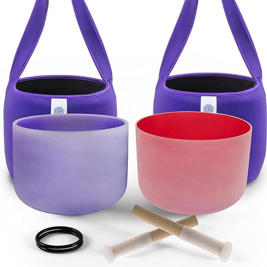 FMTY 10inch Crystal Singing Bowls set prefect pitch(±10HZ) Red(Root)+ Purple(Crown) with Carrying Bag Sound Bowls Chakra Bowl